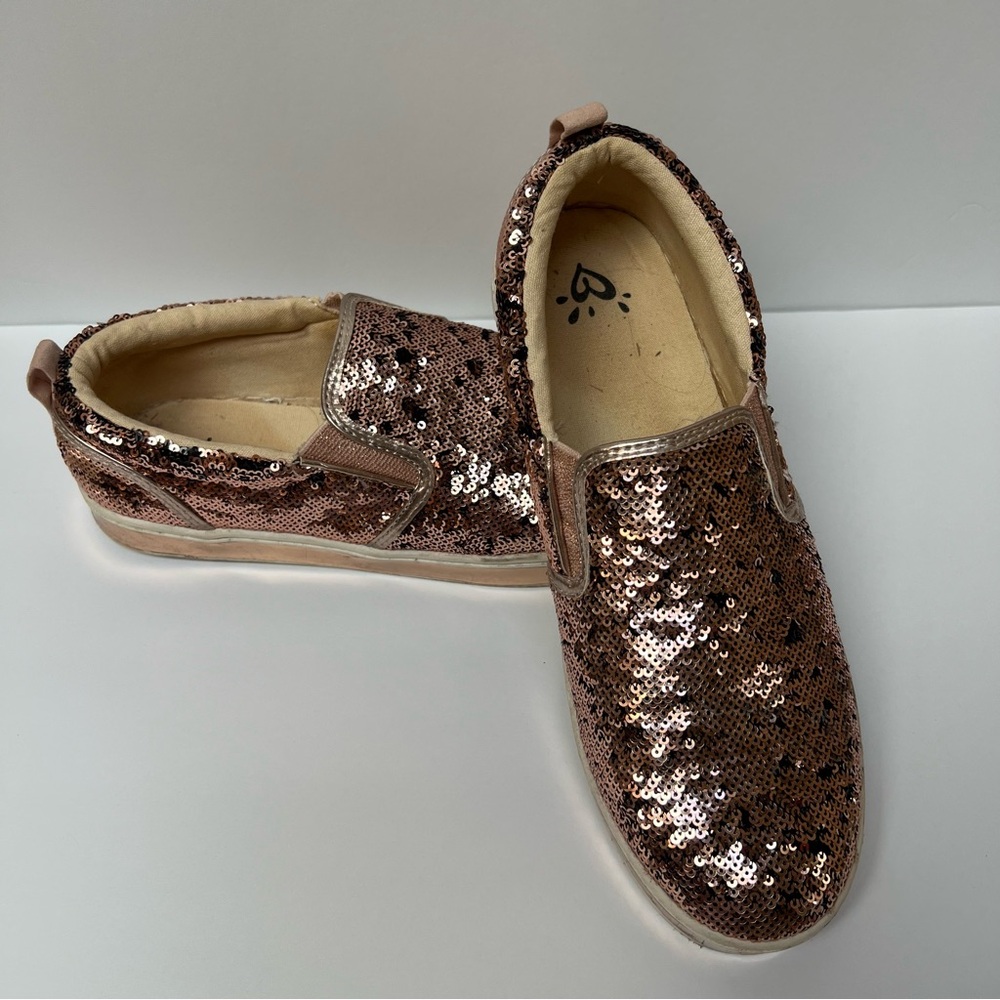 Justice Rose Gold Sequin Sz 8 Loafers Slip-On Fall Dance Vibes Halloween Chic
